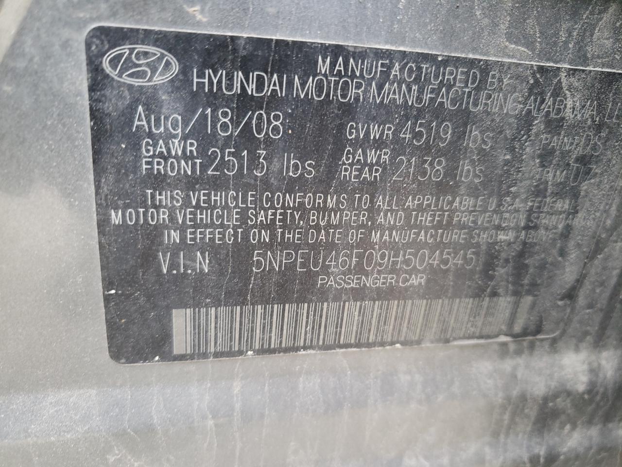 Photo 10 from auction – 2009 HYUNDAI SONATA SE with VIN 5NPEU46F09H504545