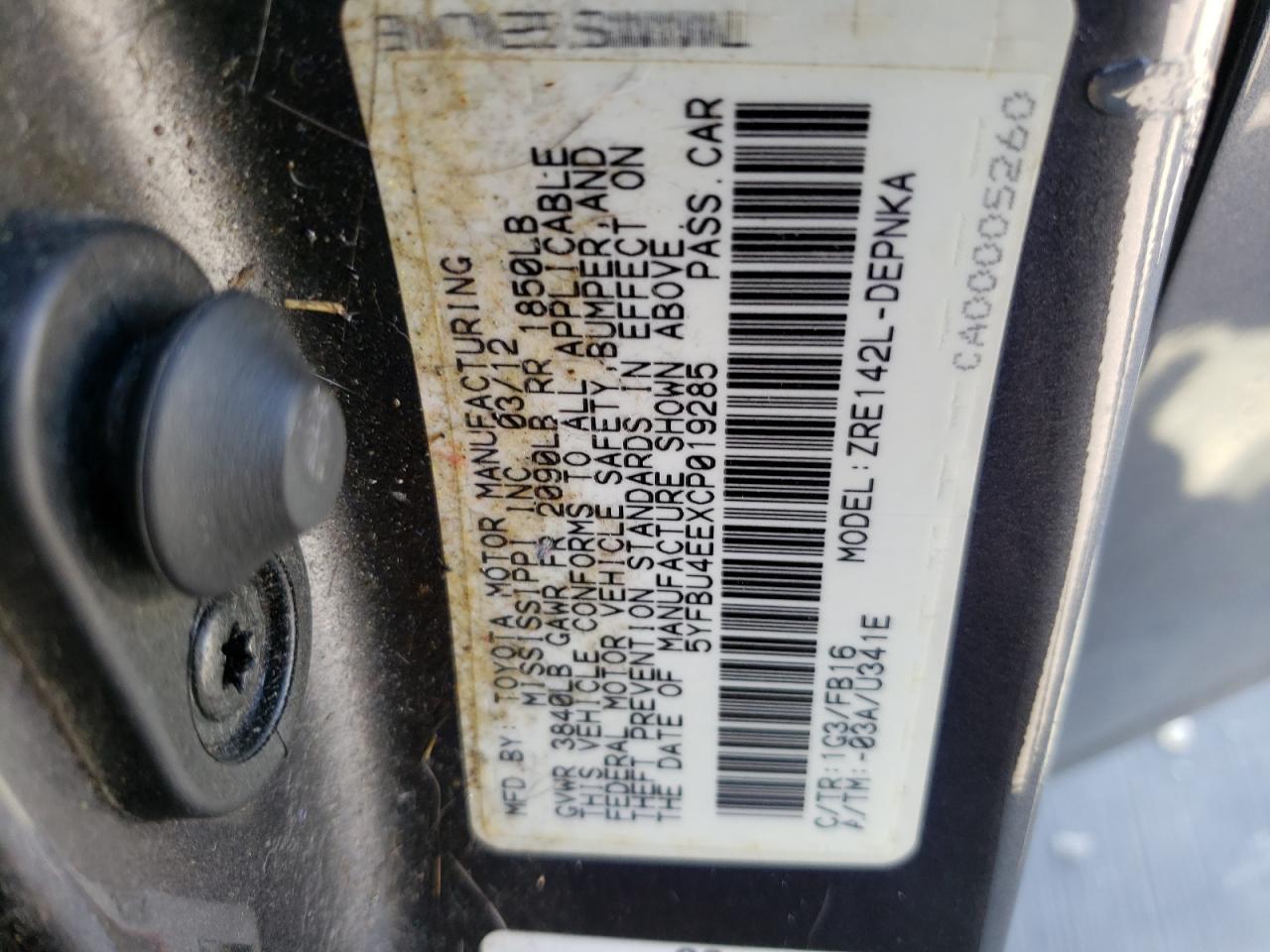 Photo 10 from auction – 2012 TOYOTA COROLLA BA with VIN 5YFBU4EEXCP019285