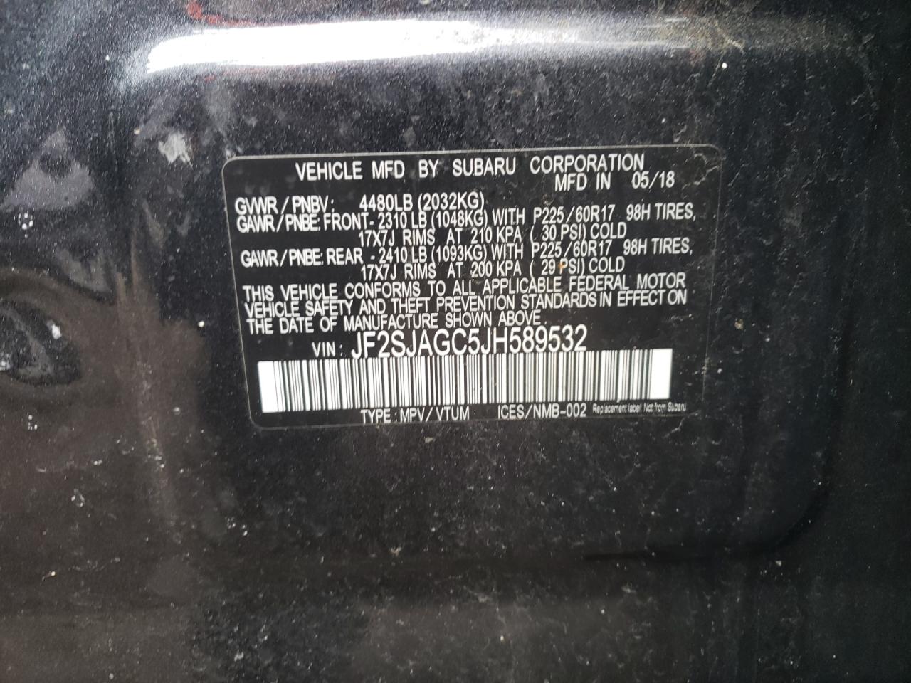 Photo 10 from auction – 2018 SUBARU FORESTER 2 with VIN JF2SJAGC5JH589532