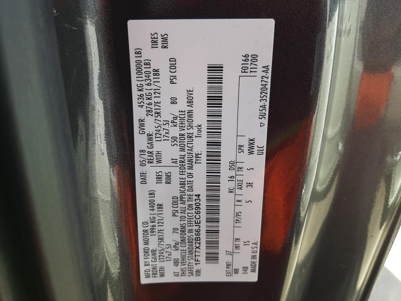 Photo 10 from auction – 2018 FORD F250 SUPER with VIN 1FT7X2B66JEC69034