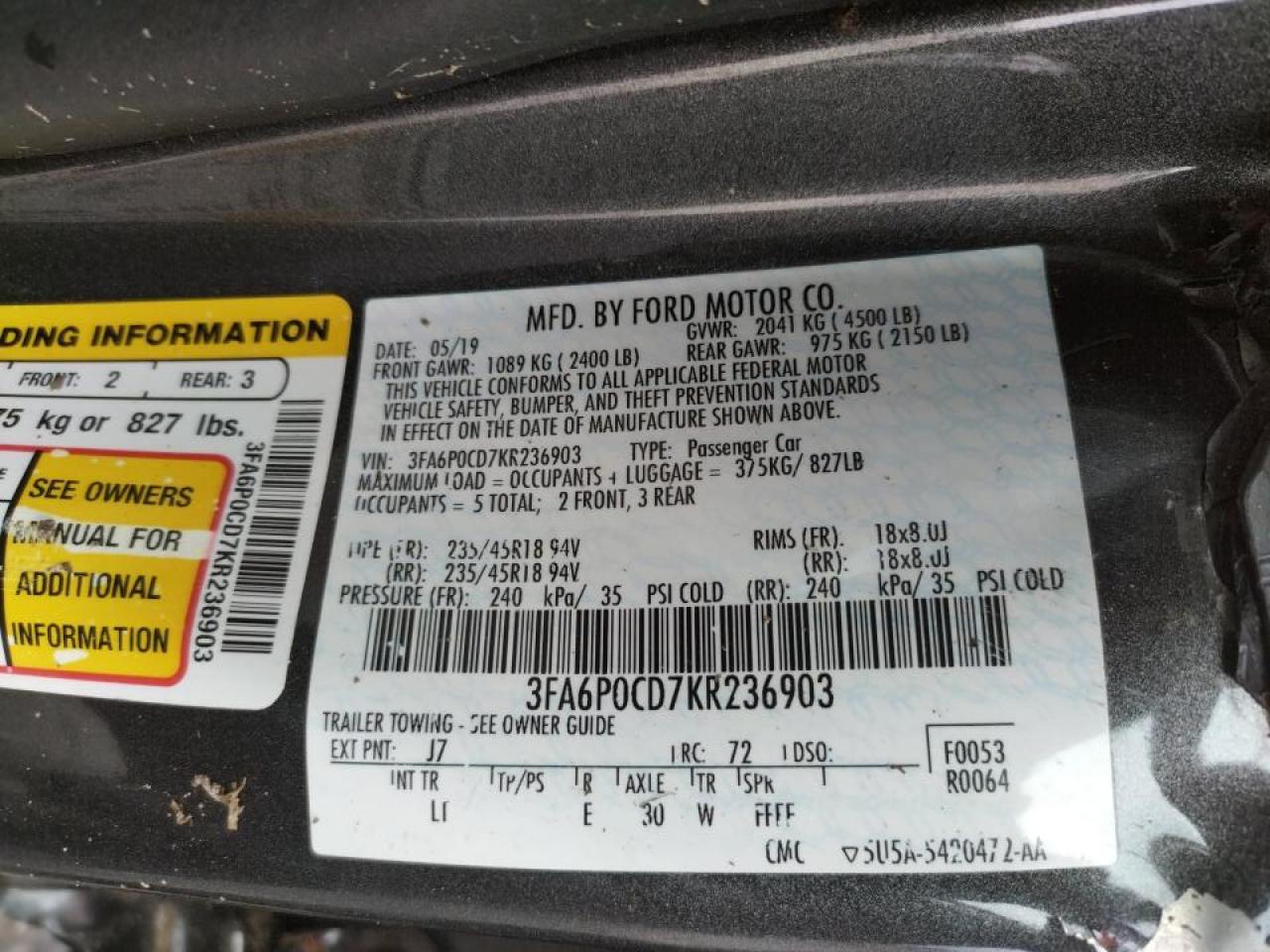 Photo 10 from auction – 2019 FORD FUSION SEL with VIN 3FA6P0CD7KR236903