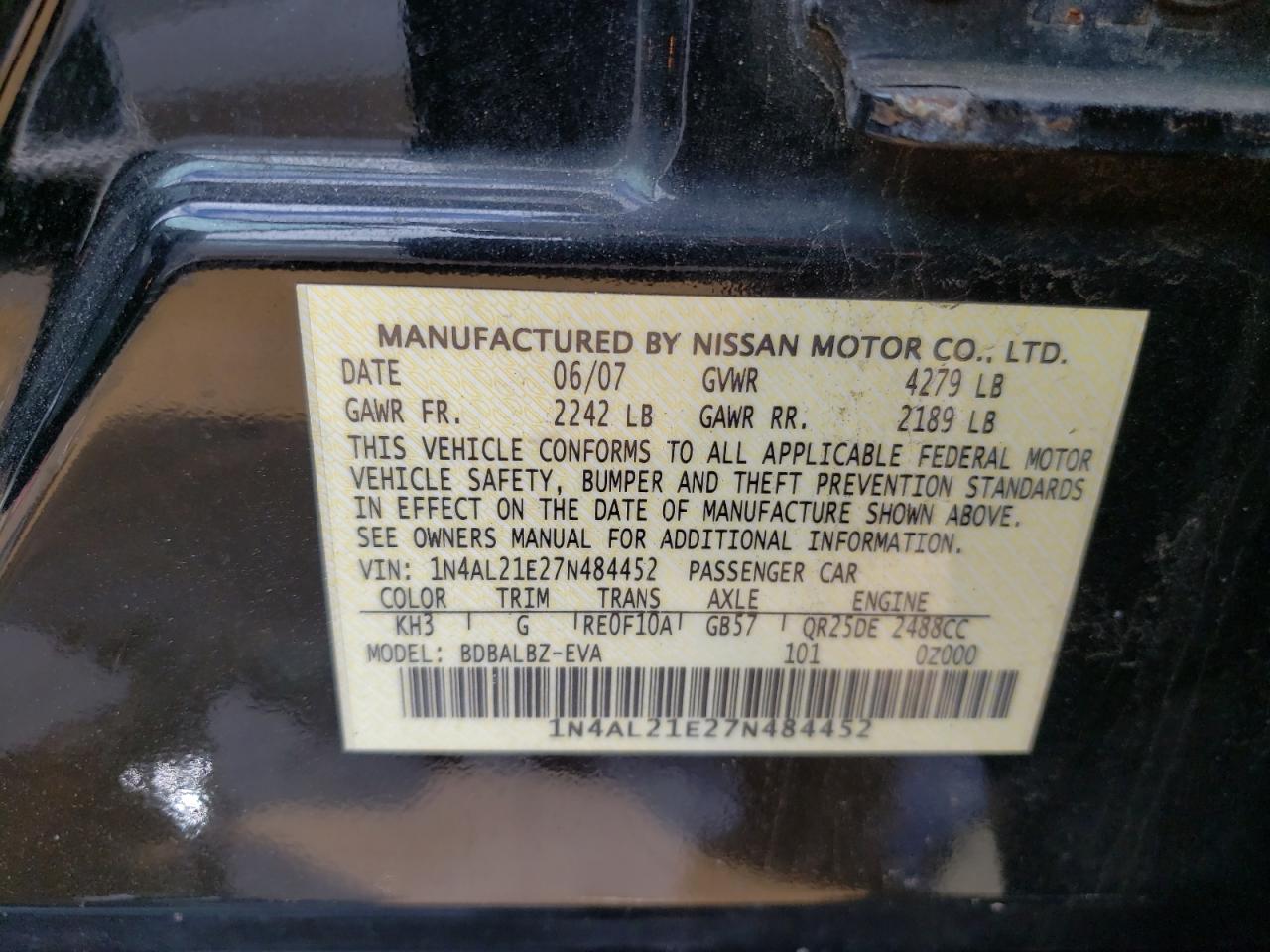 Photo 10 from auction – 2007 NISSAN ALTIMA 2.5 with VIN 1N4AL21E27N484452