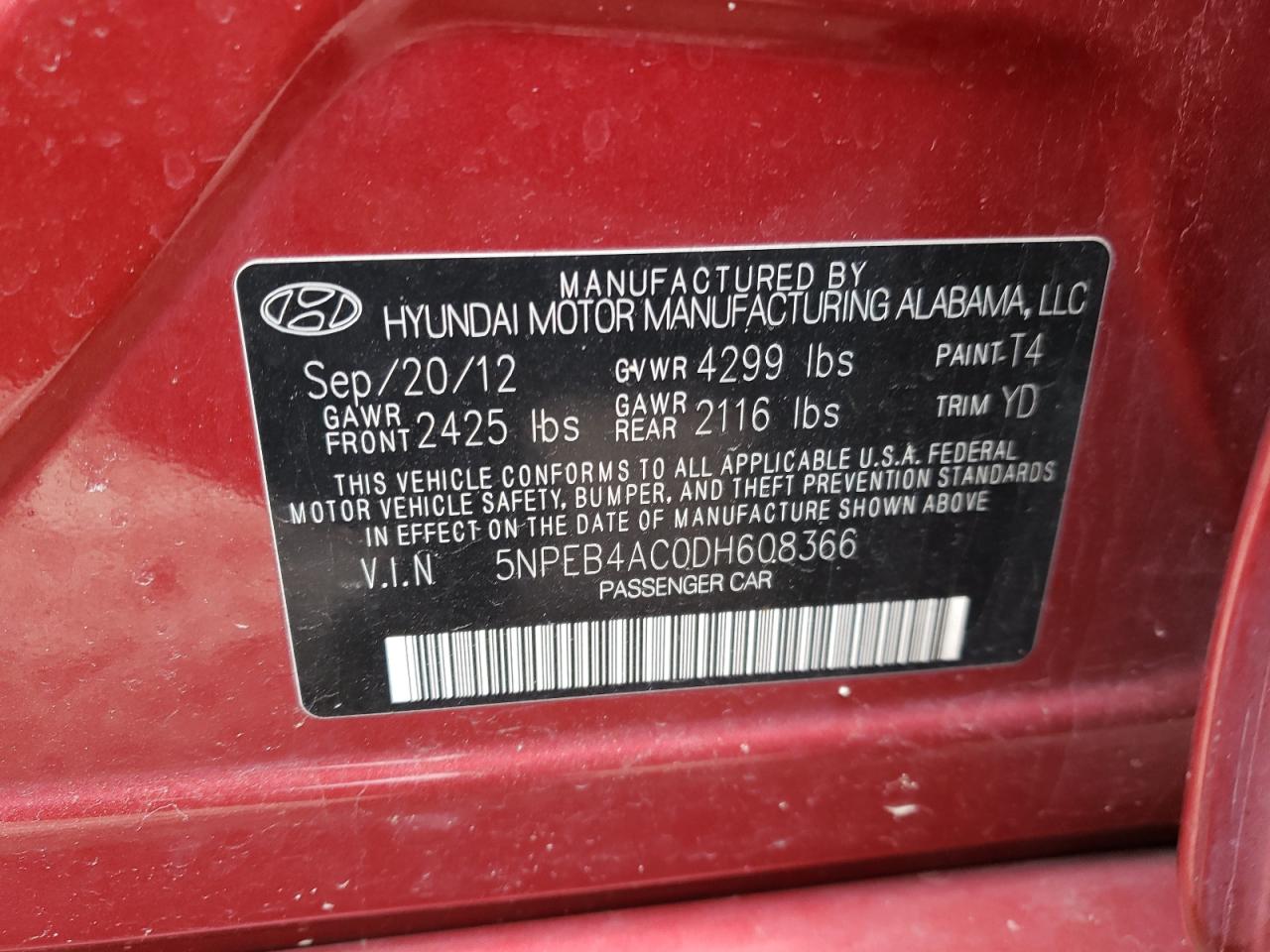 Photo 10 from auction – 2013 HYUNDAI SONATA GLS with VIN 5NPEB4AC0DH608366