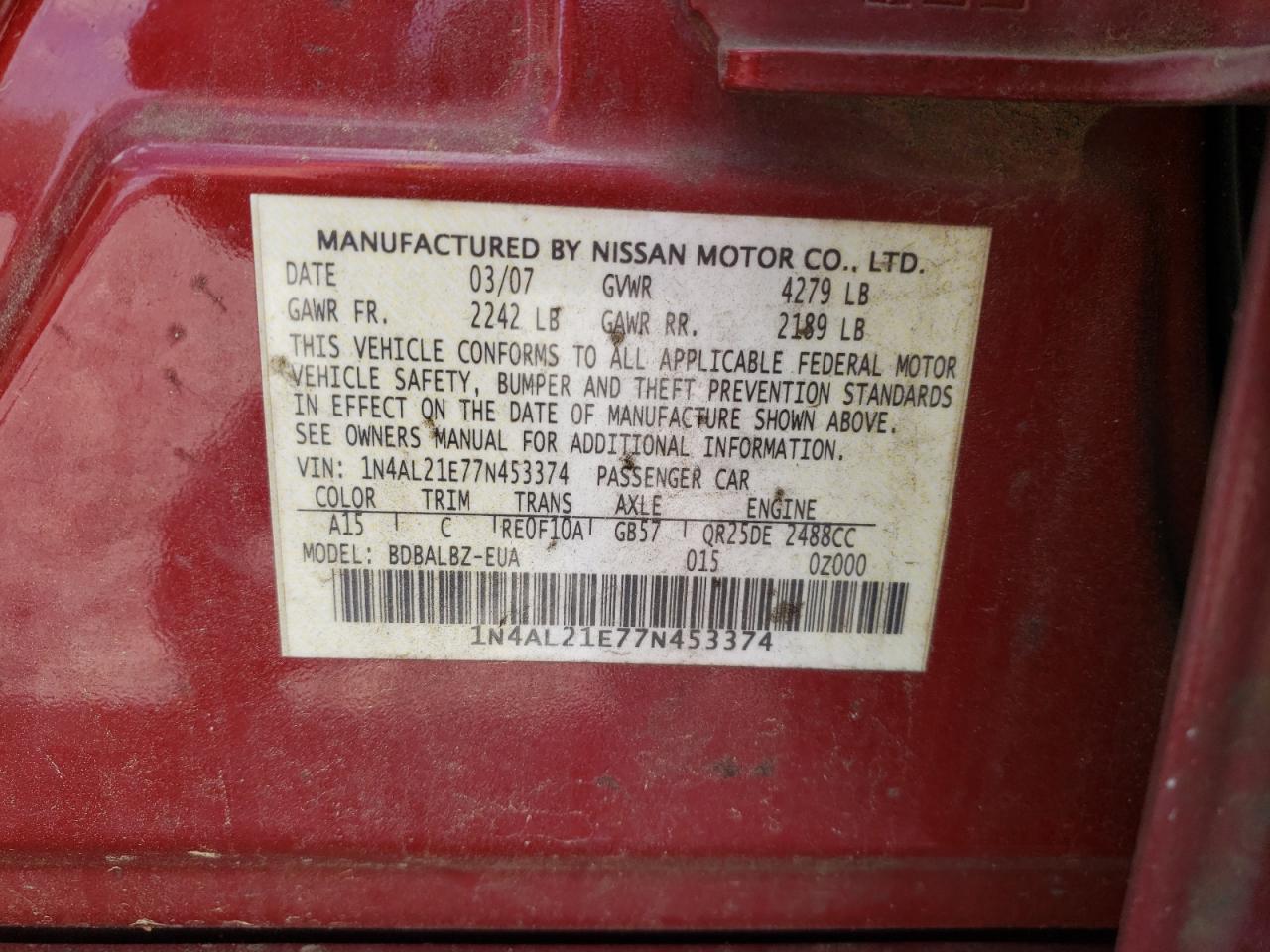Photo 10 from auction – 2007 NISSAN ALTIMA 2.5 with VIN 1N4AL21E77N453374