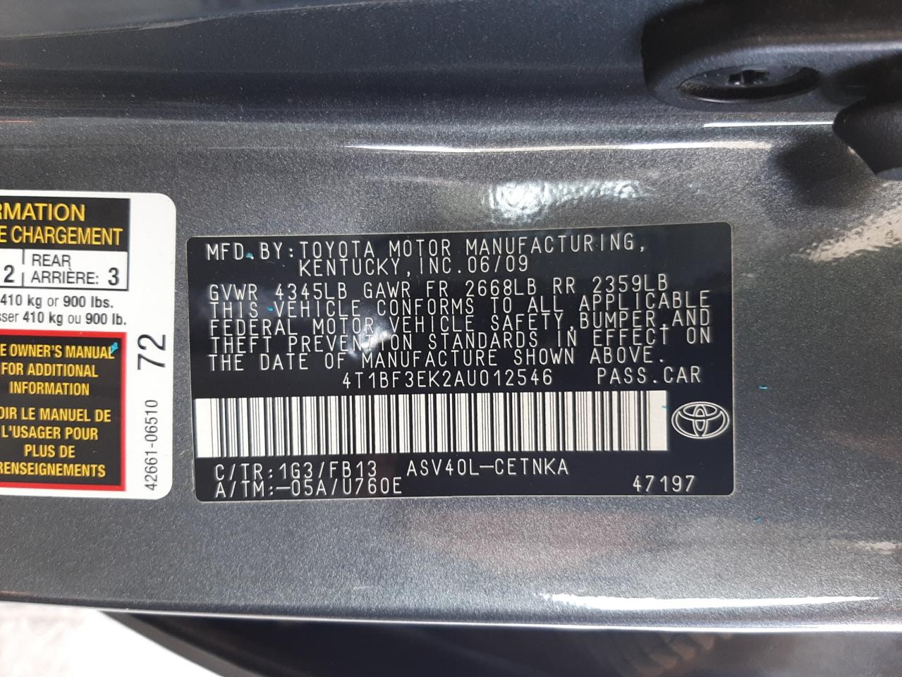 Photo 10 from auction – 2010 TOYOTA CAMRY BASE with VIN 4T1BF3EK2AU012546