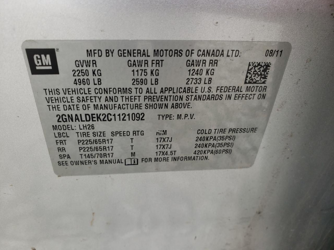 Photo 10 from auction – 2012 CHEVROLET EQUINOX LT with VIN 2GNALDEK2C1121092