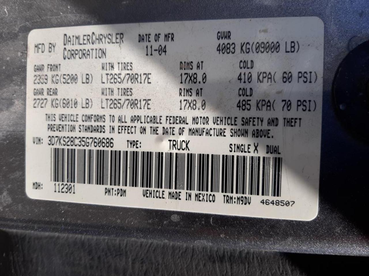 Photo 10 from auction – 2005 DODGE RAM 2500 Q with VIN 3D7KS28C35G760686