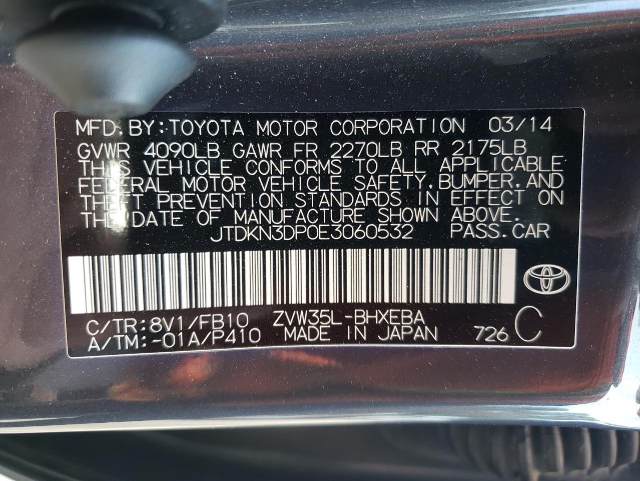 Photo 10 from auction – 2014 TOYOTA PRIUS PLUG with VIN JTDKN3DP0E3060532