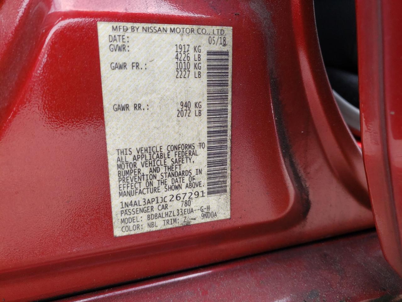 Photo 10 from auction – 2018 NISSAN ALTIMA 2.5 with VIN 1N4AL3AP1JC267291