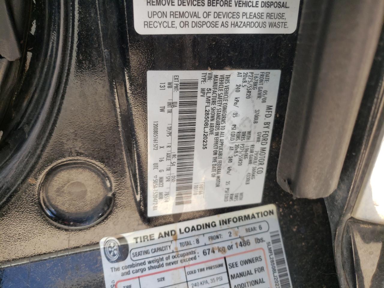 Photo 10 from auction – 2008 LINCOLN NAVIGATOR with VIN 5LMFL28508LJ20235