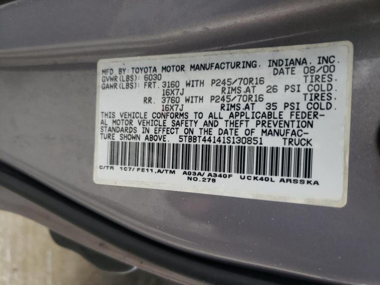 Photo 10 from auction – 2001 TOYOTA TUNDRA with VIN 5TBBT44141S130851