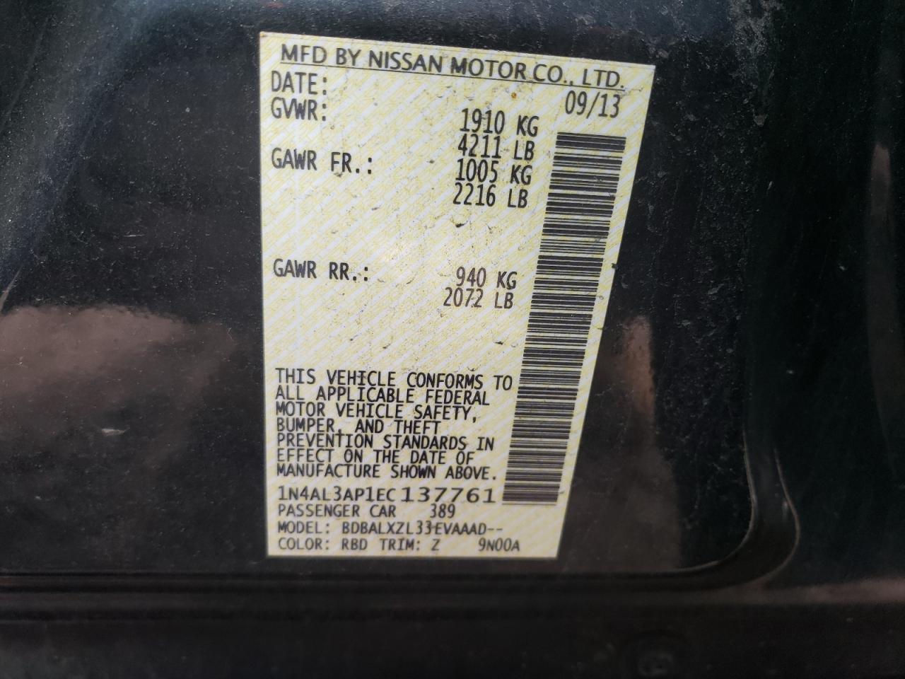 Photo 10 from auction – 2014 NISSAN ALTIMA 2.5 with VIN 1N4AL3AP1EC137761