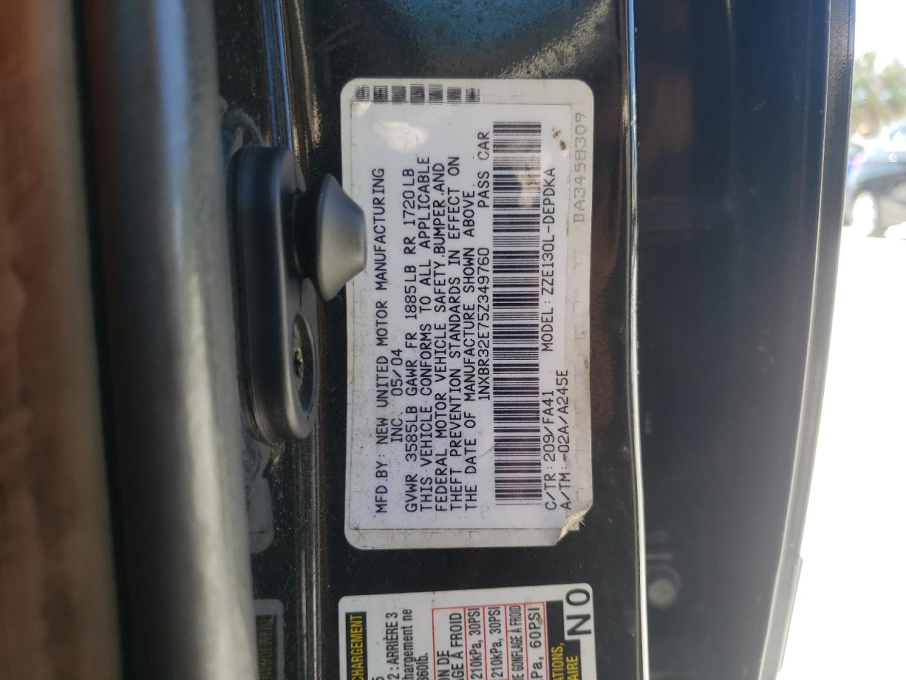 Photo 10 from auction – 2005 TOYOTA COROLLA CE with VIN 1NXBR32E75Z349760