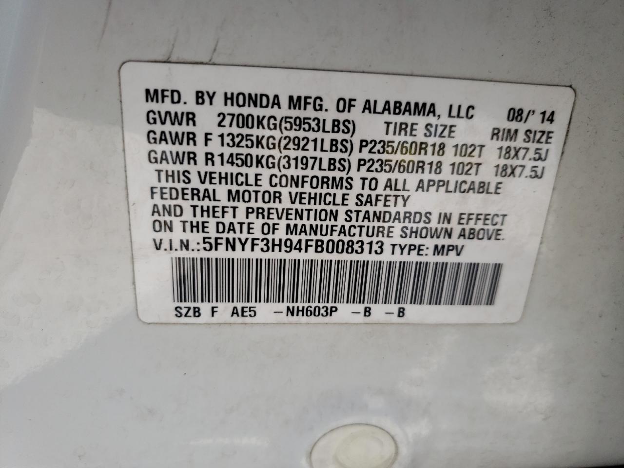 Photo 10 from auction – 2015 HONDA PILOT TOUR with VIN 5FNYF3H94FB008313