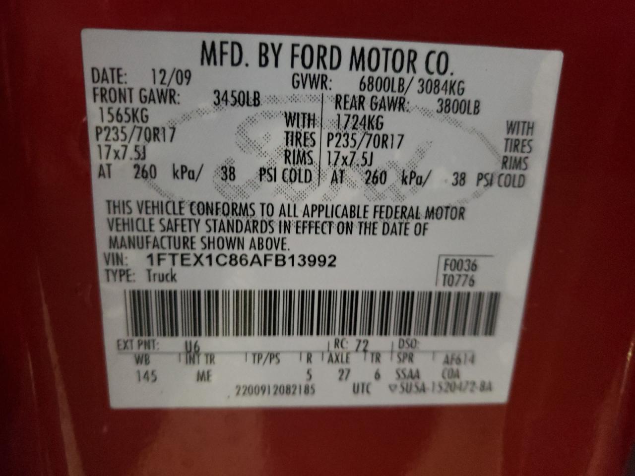 Photo 10 from auction – 2010 FORD F150 SUPER with VIN 1FTEX1C86AFB13992