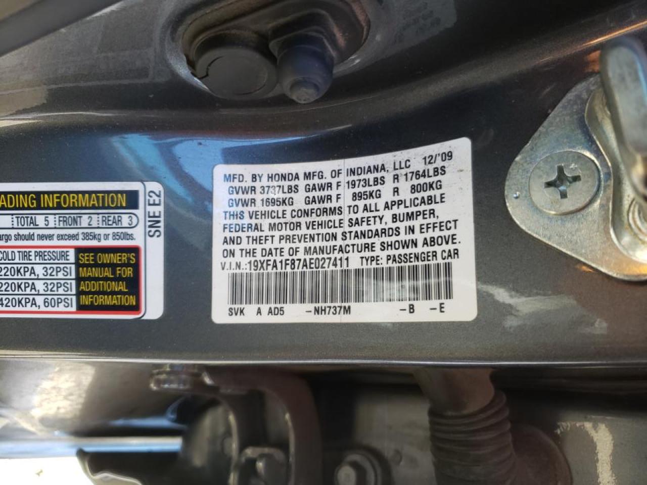 Photo 10 from auction – 2010 HONDA CIVIC EX with VIN 19XFA1F87AE027411