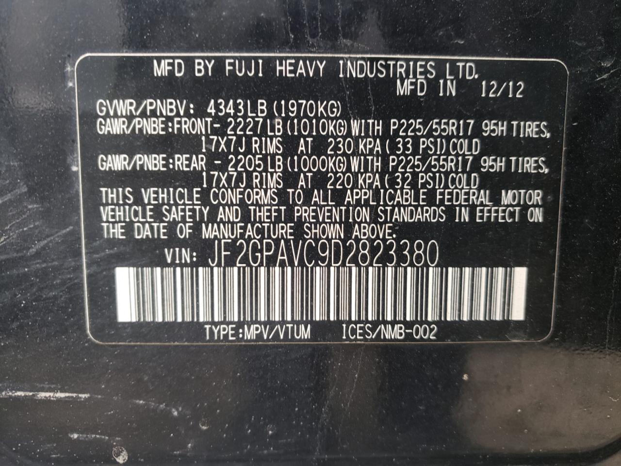 Photo 10 from auction – 2013 SUBARU XV CROSSTR with VIN JF2GPAVC9D2823380