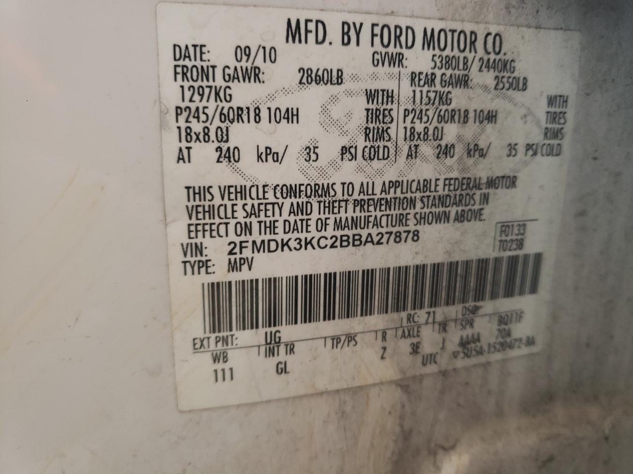 Photo 10 from auction – 2011 FORD EDGE LIMIT with VIN 2FMDK3KC2BBA27878