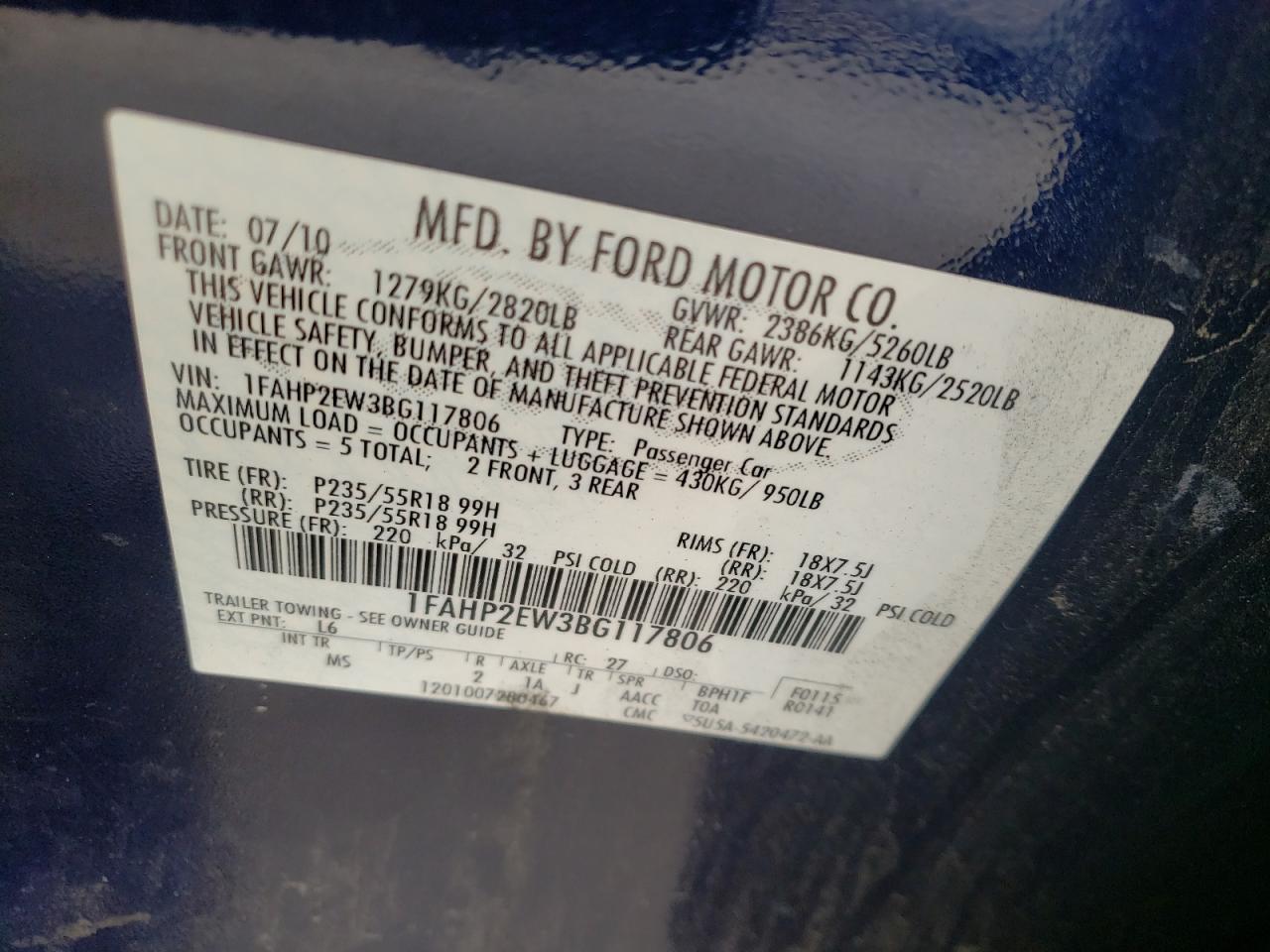 Photo 10 from auction – 2011 FORD TAURUS SEL with VIN 1FAHP2EW3BG117806