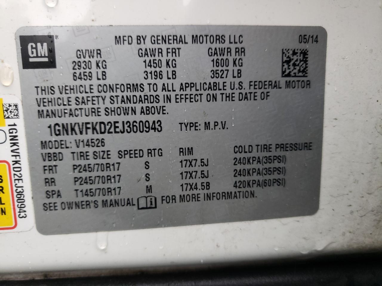 Photo 10 from auction – 2014 CHEVROLET TRAVERSE L with VIN 1GNKVFKD2EJ360943