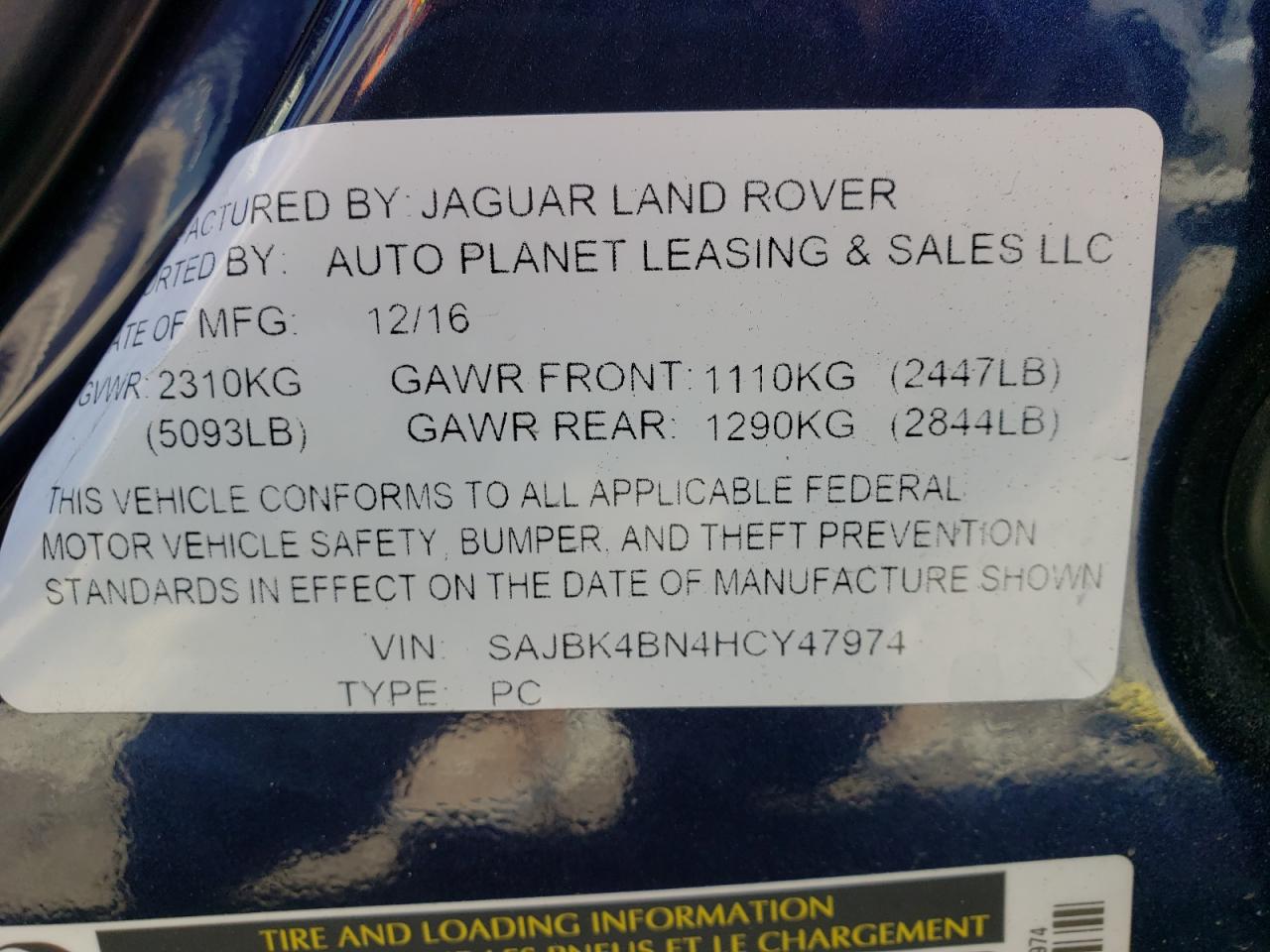 Photo 10 from auction – 2017 JAGUAR XF PRESTIG with VIN SAJBK4BN4HCY47974