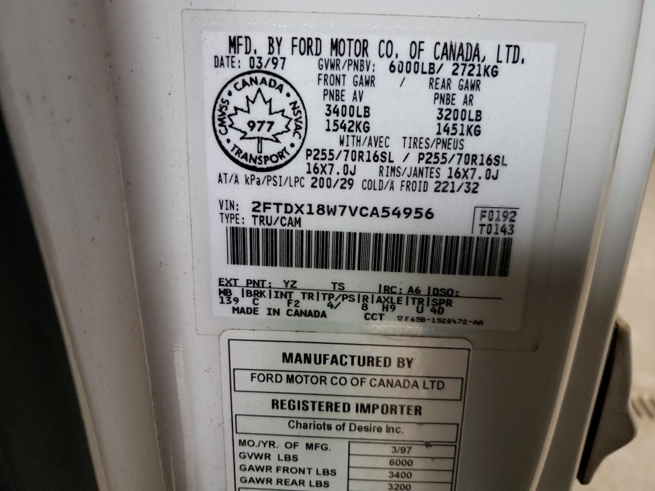 Photo 10 from auction – 1997 FORD F150 with VIN 2FTDX18W7VCA54956