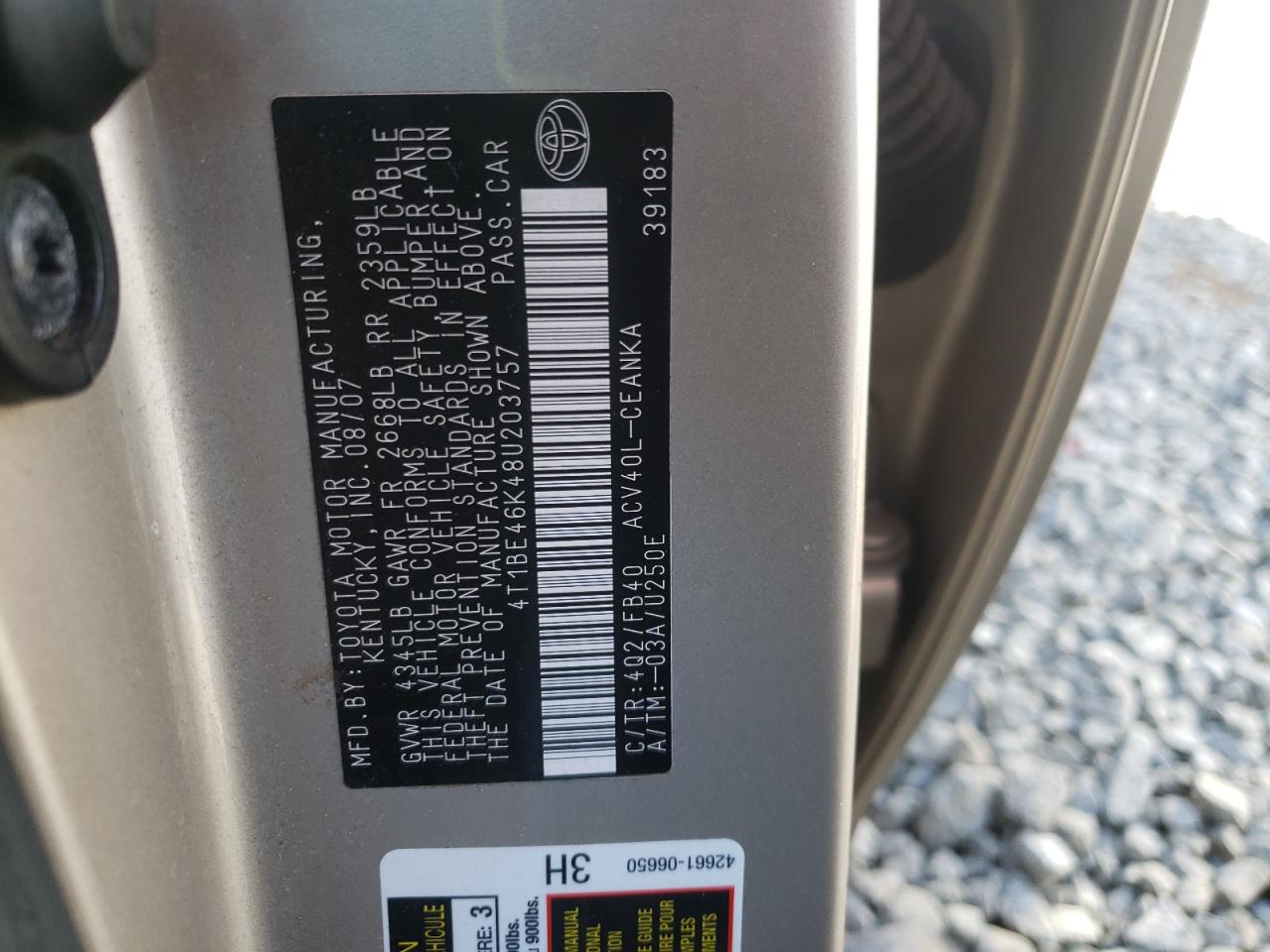 Photo 10 from auction – 2008 TOYOTA CAMRY CE with VIN 4T1BE46K48U203757