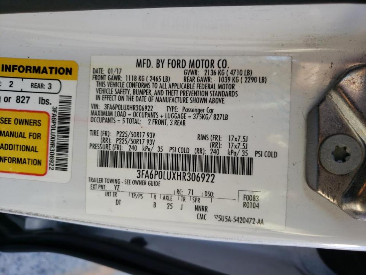 Photo 10 from auction – 2017 FORD FUSION SE with VIN 3FA6P0LUXHR306922