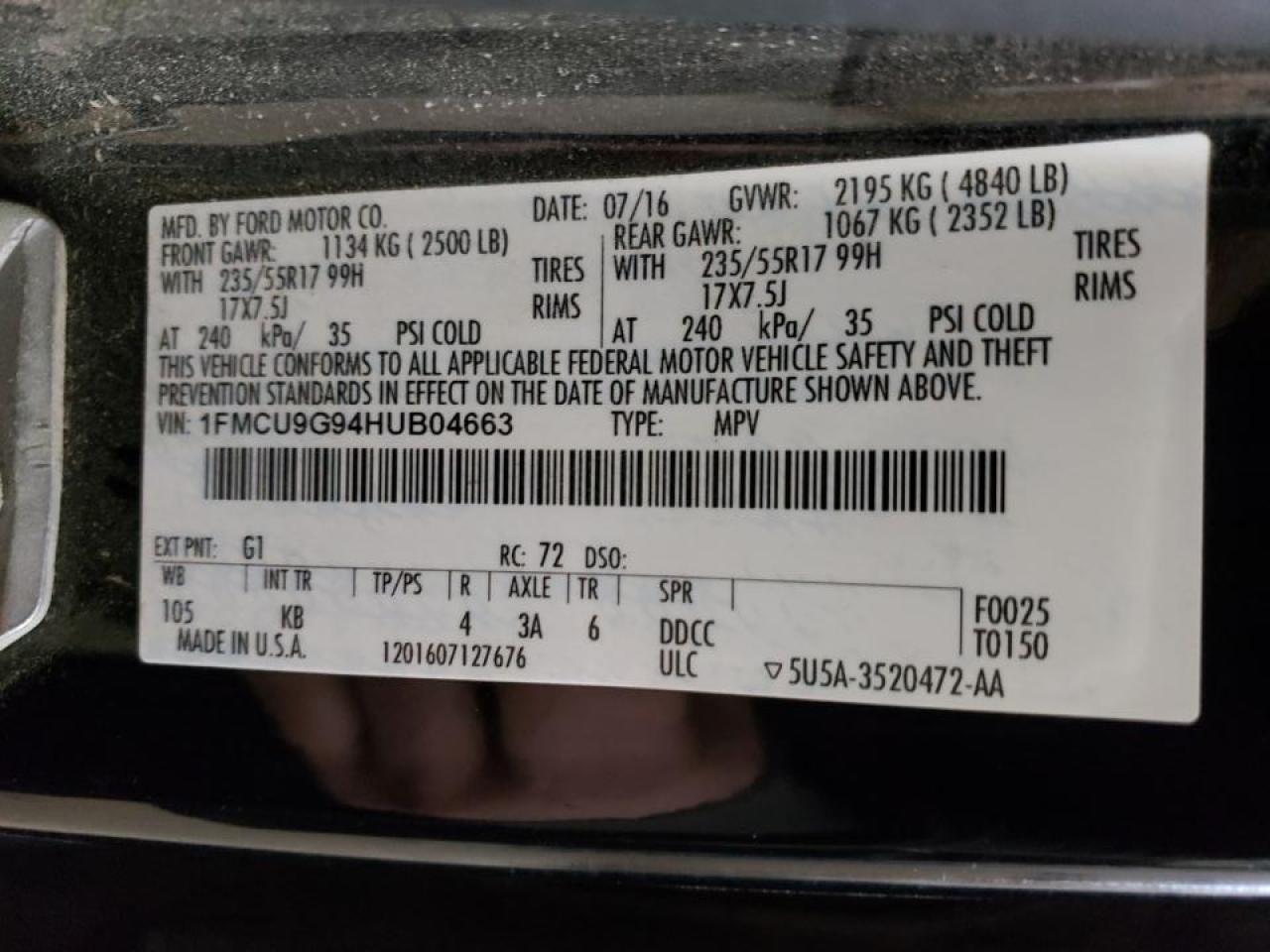 Photo 10 from auction – 2017 FORD ESCAPE SE with VIN 1FMCU9G94HUB04663