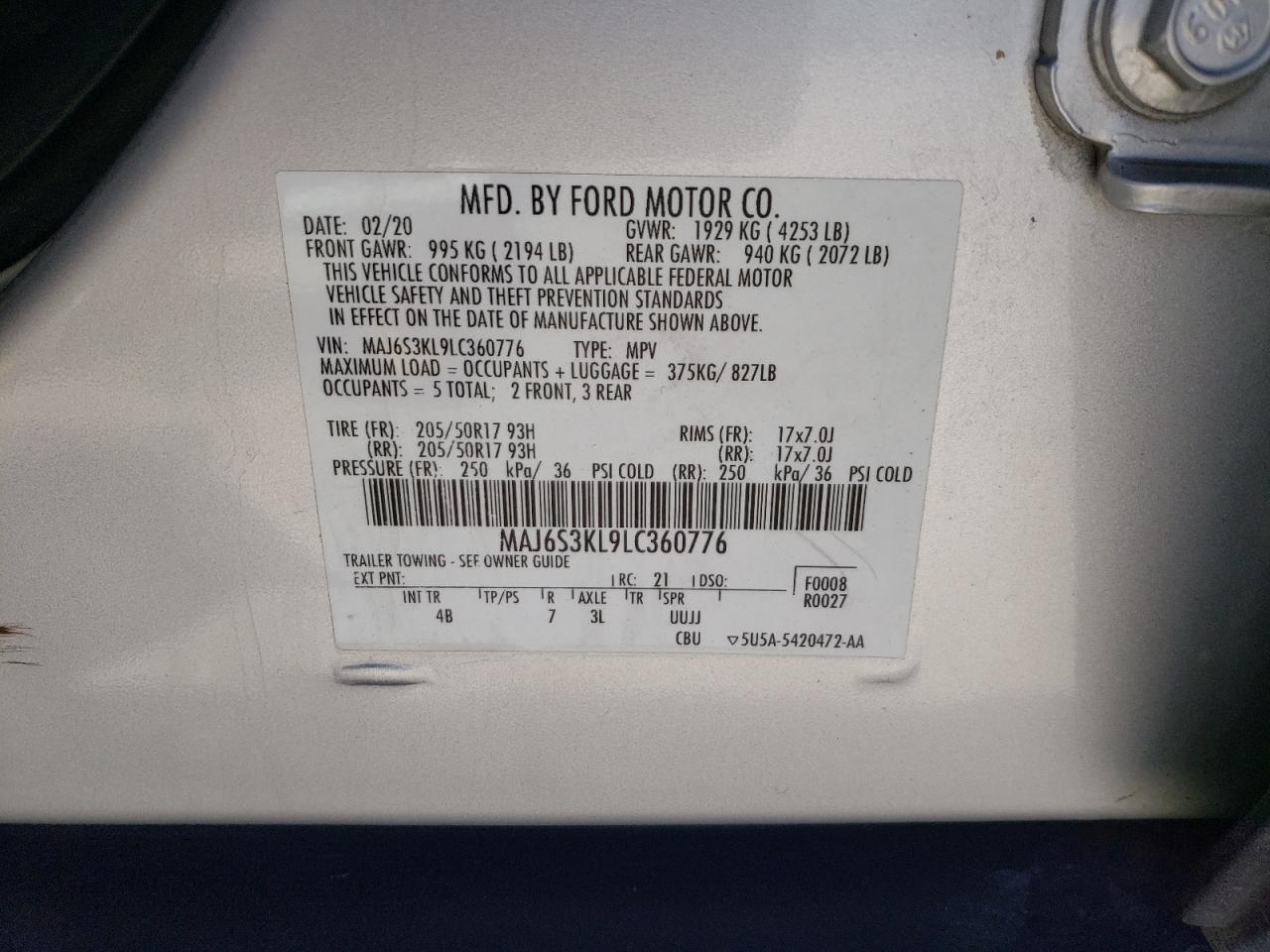 Photo 10 from auction – 2020 FORD ECOSPORT T with VIN MAJ6S3KL9LC360776