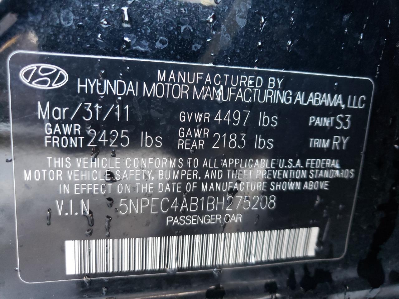 Photo 10 from auction – 2011 HYUNDAI SONATA SE with VIN 5NPEC4AB1BH275208
