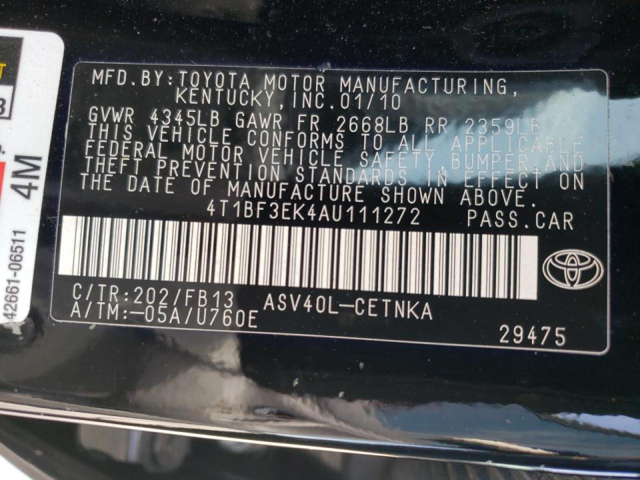 Photo 10 from auction – 2010 TOYOTA CAMRY BASE with VIN 4T1BF3EK4AU111272