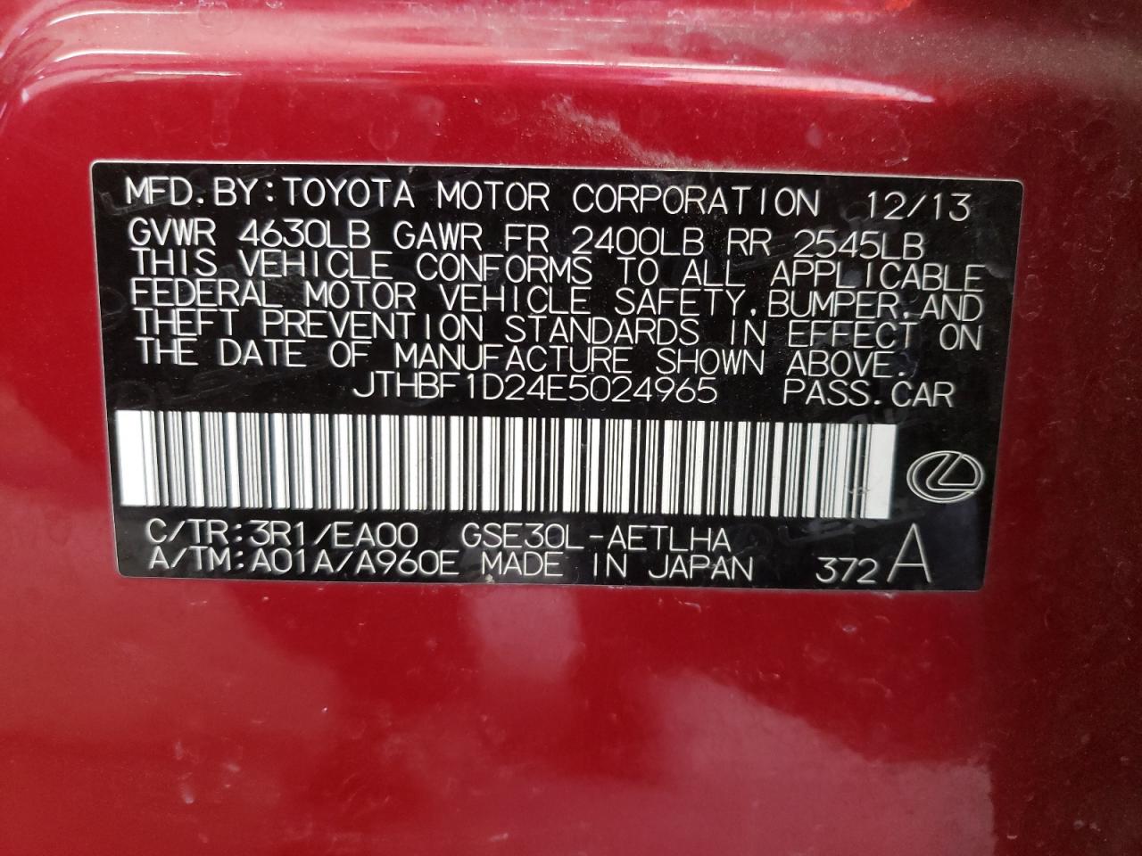 Photo 10 from auction – 2014 LEXUS IS 250 with VIN JTHBF1D24E5024965