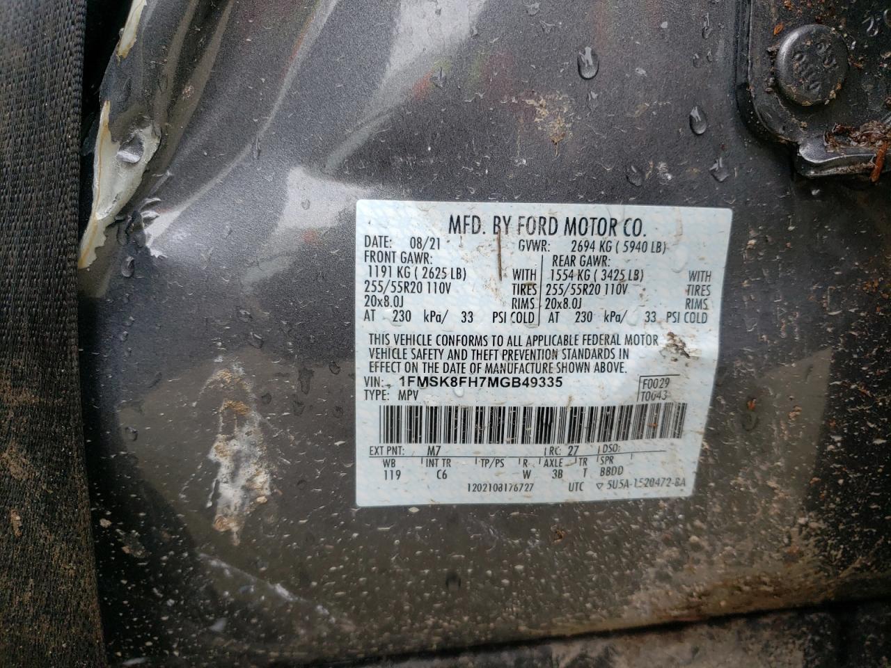 Photo 10 from auction – 2021 FORD EXPLORER L with VIN 1FMSK8FH7MGB49335