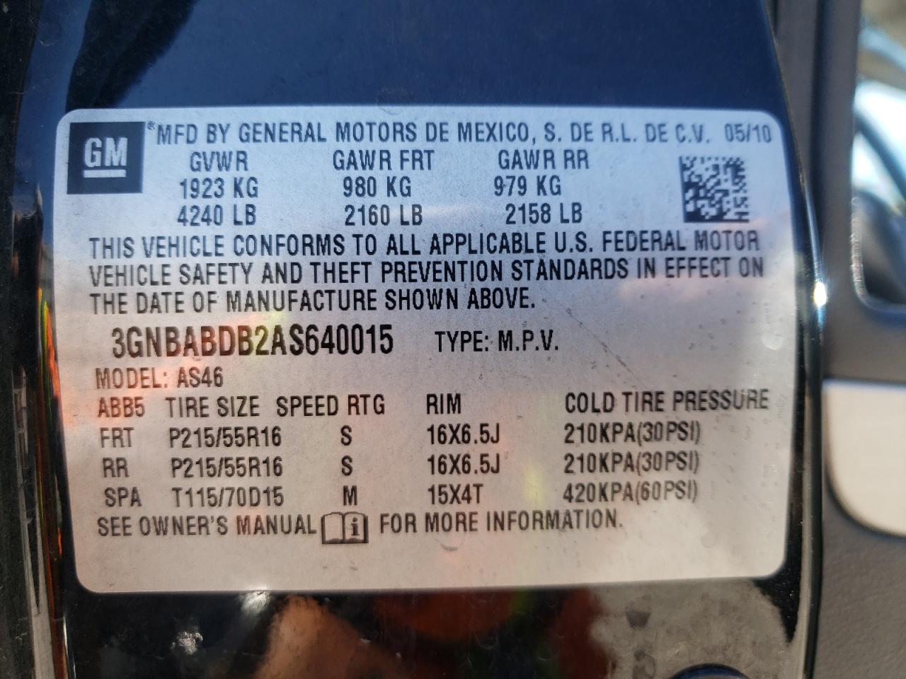 Photo 10 from auction – 2010 CHEVROLET HHR LT with VIN 3GNBABDB2AS640015