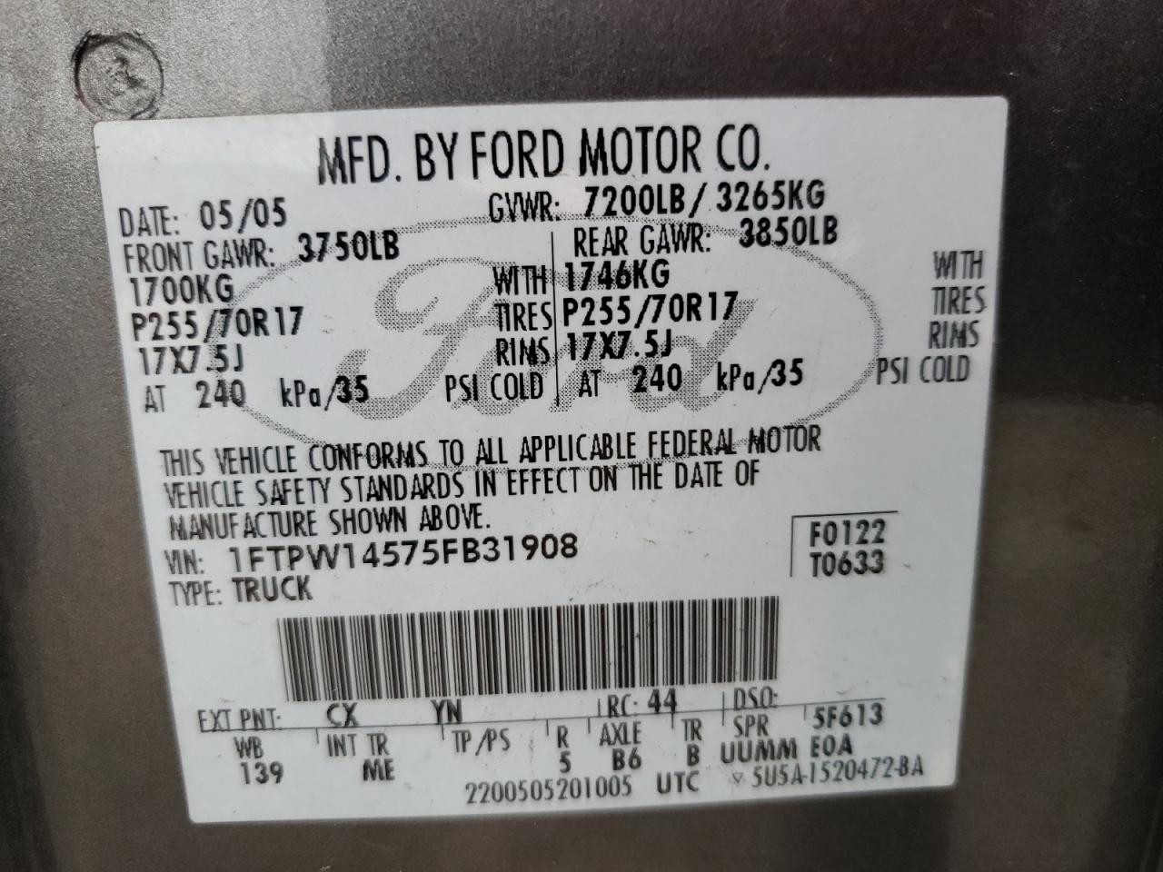 Photo 10 from auction – 2005 FORD F150 SUPER with VIN 1FTPW14575FB31908