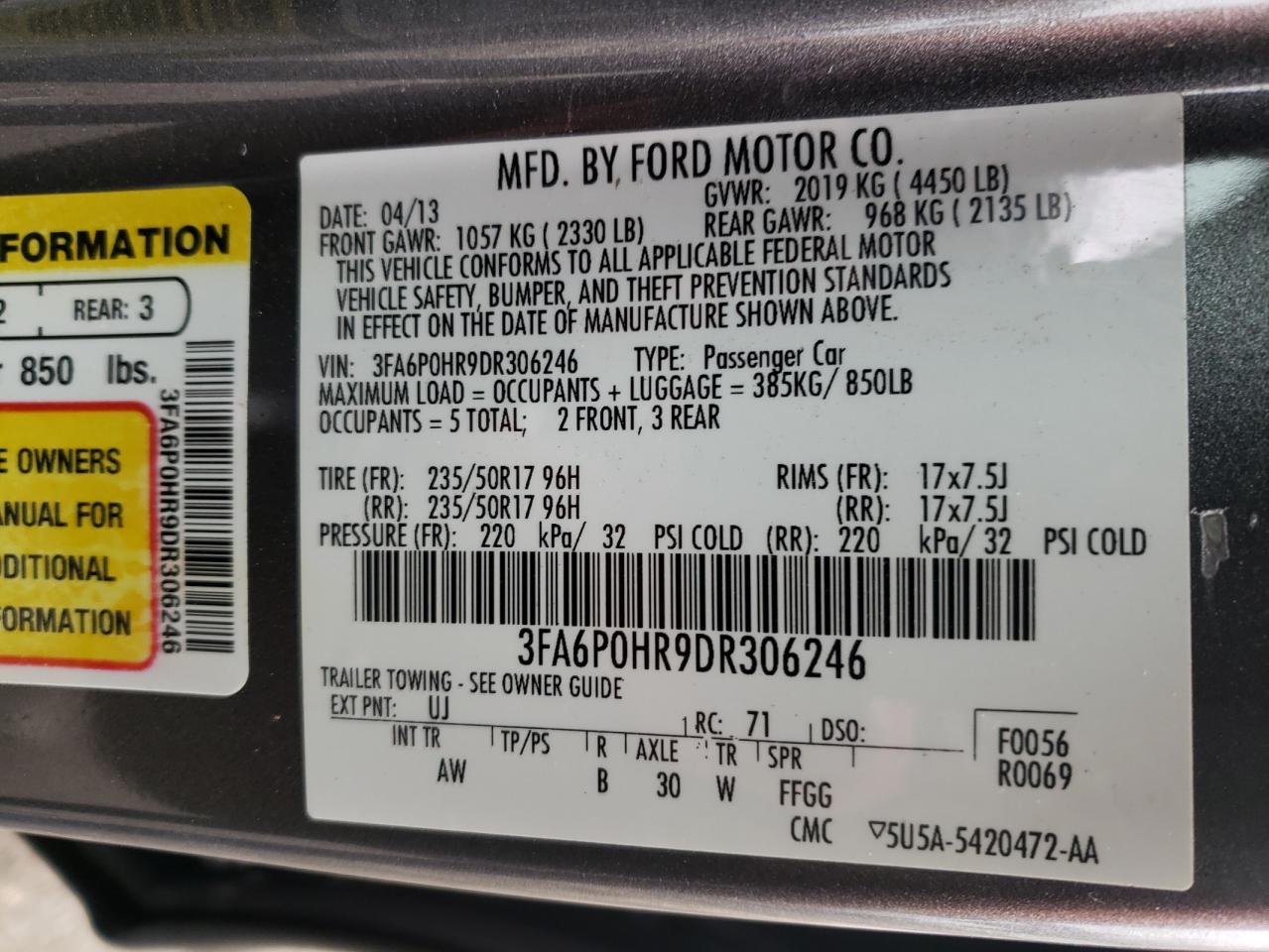 Photo 10 from auction – 2013 FORD FUSION SE with VIN 3FA6P0HR9DR306246