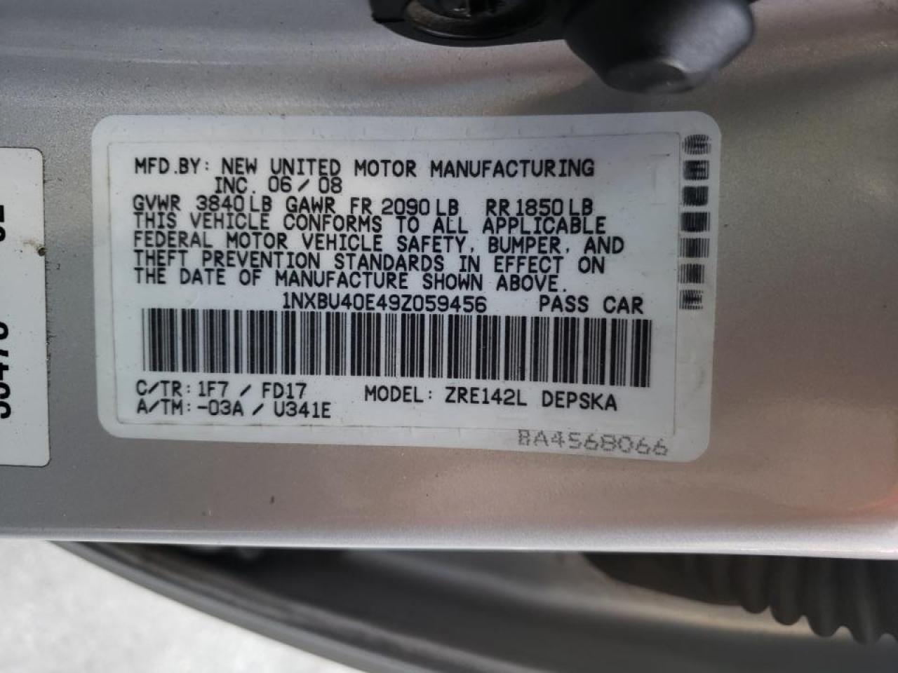 Photo 10 from auction – 2009 TOYOTA COROLLA BA with VIN 1NXBU40E49Z059456