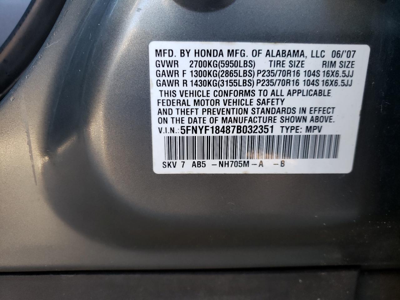Photo 10 from auction – 2007 HONDA PILOT EX with VIN 5FNYF18487B032351