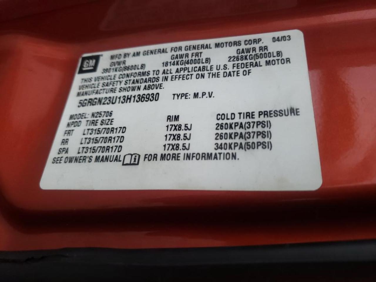 Photo 10 from auction – 2003 HUMMER H2 with VIN 5GRGN23U13H136930