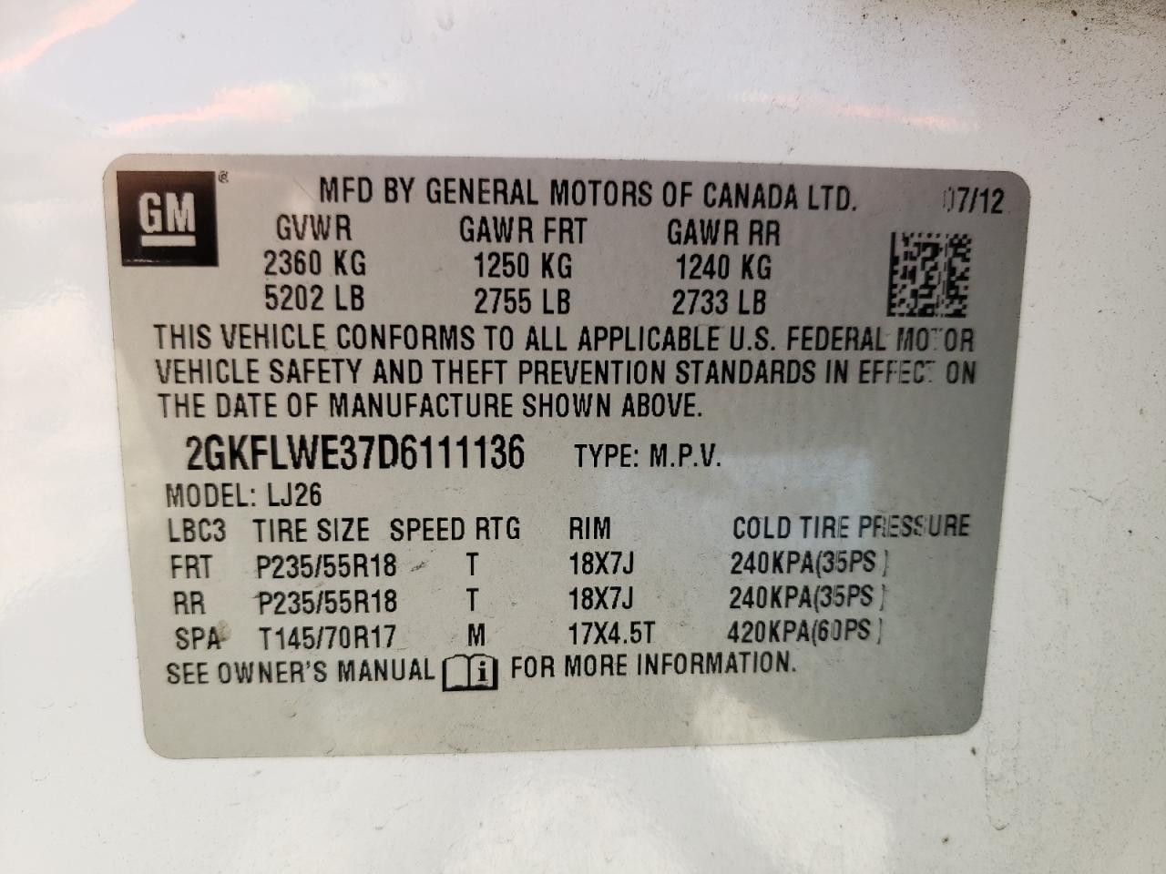 Photo 10 from auction – 2013 GMC TERRAIN SL with VIN 2GKFLWE37D6111136