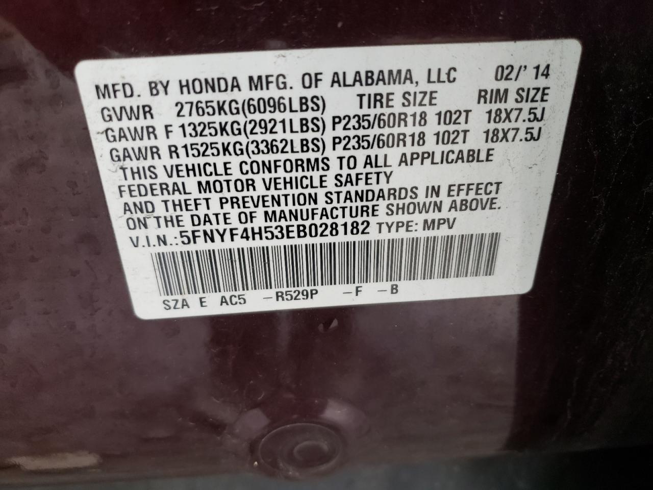 Photo 10 from auction – 2014 HONDA PILOT EXL with VIN 5FNYF4H53EB028182