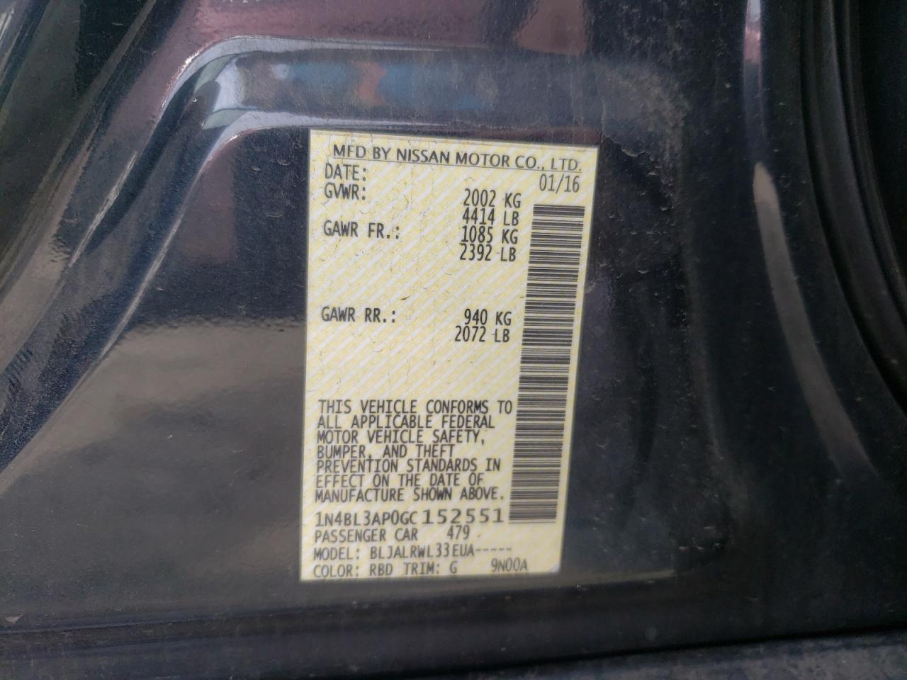 Photo 10 from auction – 2016 NISSAN ALTIMA 3.5 with VIN 1N4BL3AP0GC152551