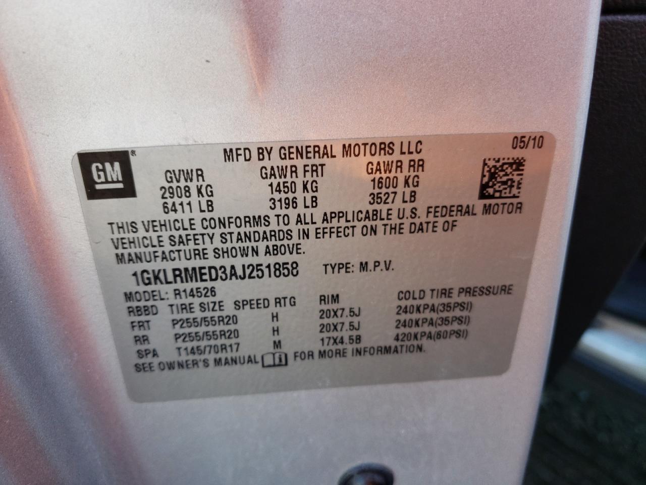 Photo 10 from auction – 2010 GMC ACADIA SLT with VIN 1GKLRMED3AJ251858