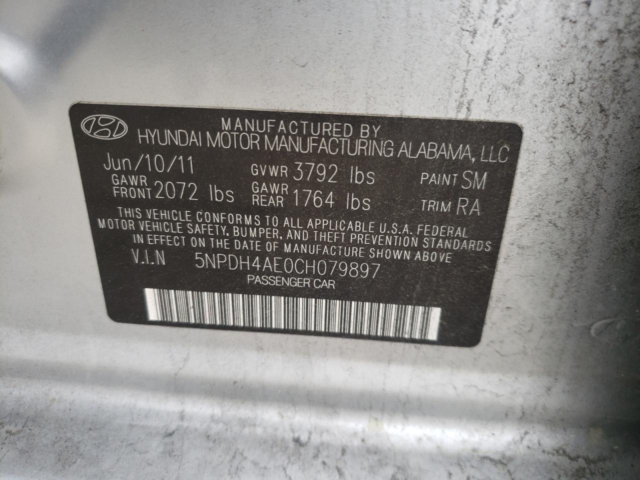 Photo 10 from auction – 2012 HYUNDAI ELANTRA GL with VIN 5NPDH4AE0CH079897