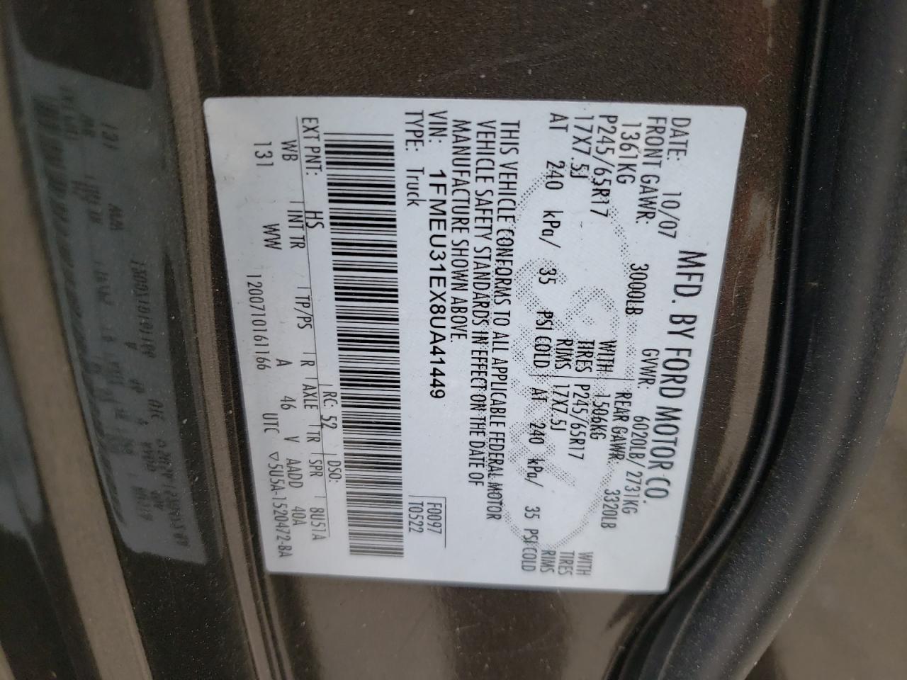 Фото 10 с аукциона – 2008 FORD EXPLORER S с VIN 1FMEU31EX8UA41449