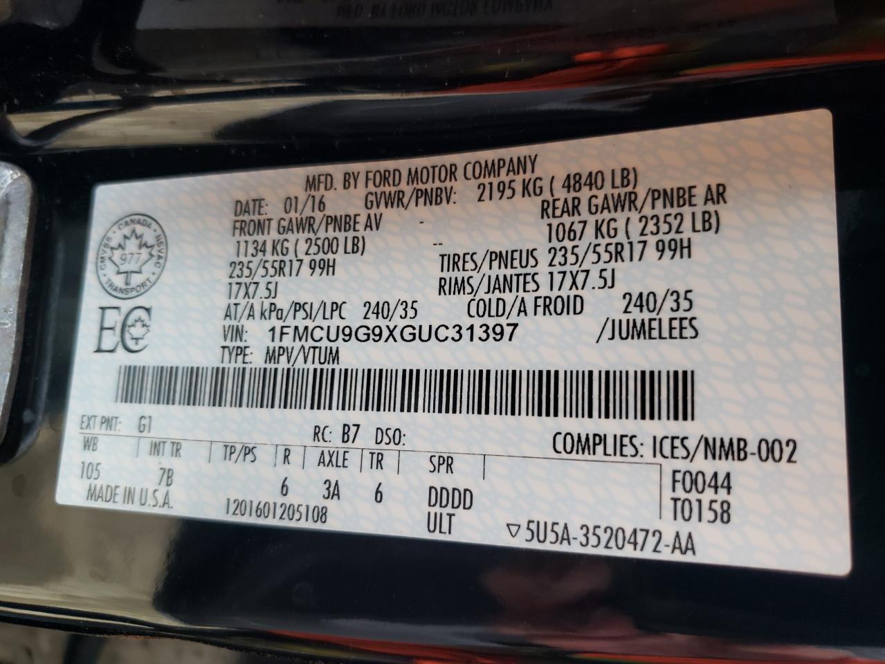 Photo 10 from auction – 2016 FORD ESCAPE SE with VIN 1FMCU9G9XGUC31397