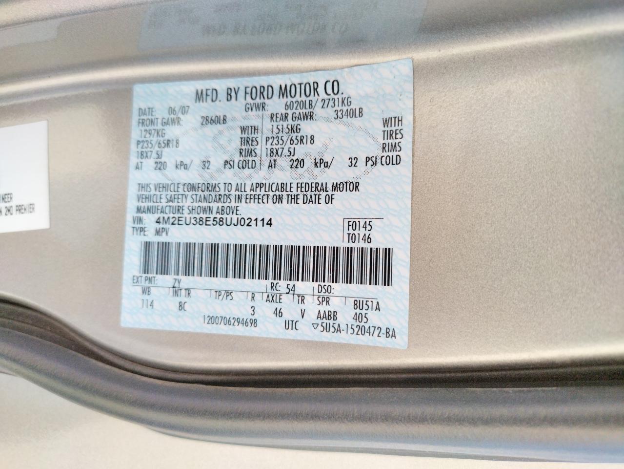 Photo 10 from auction – 2008 MERCURY MOUNTAINEE with VIN 4M2EU38E58UJ02114