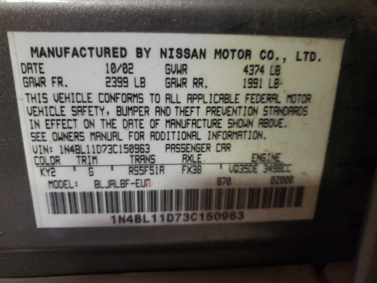 Photo 10 from auction – 2003 NISSAN ALTIMA SE with VIN 1N4BL11D73C150963