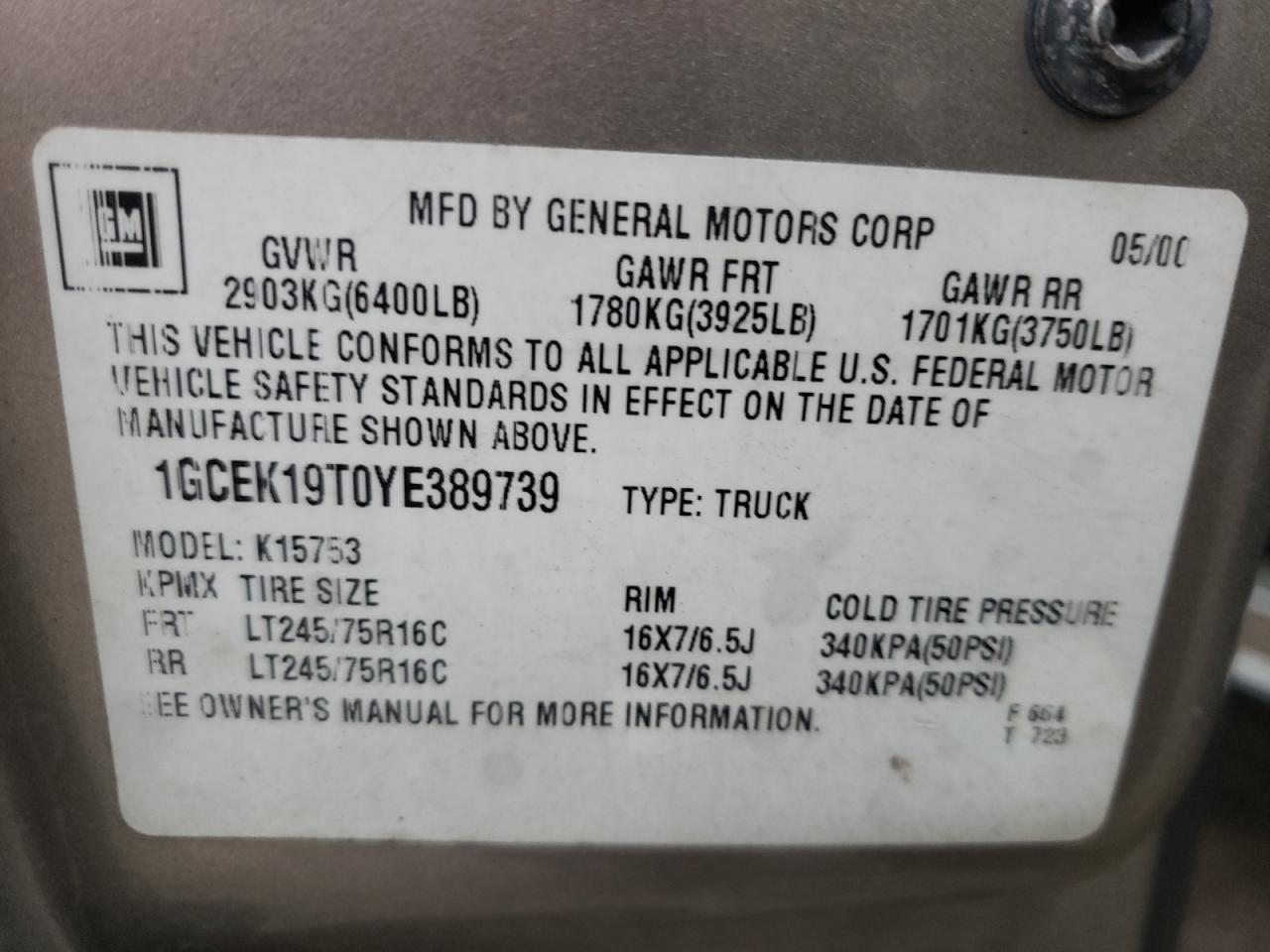 Photo 10 from auction – 2000 CHEVROLET SILVERADO with VIN 1GCEK19T0YE389739